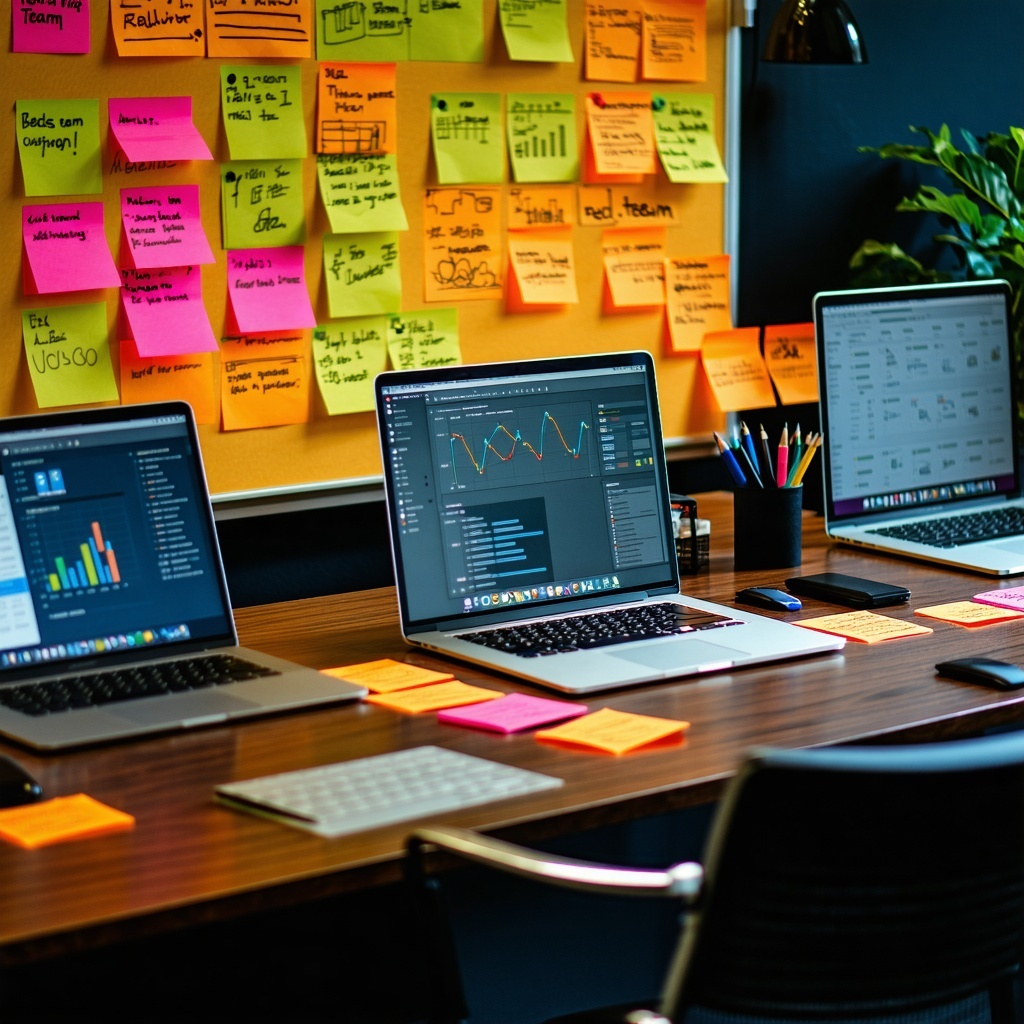 A closeup of a red team war room setupsticky notes diagrams and laptops