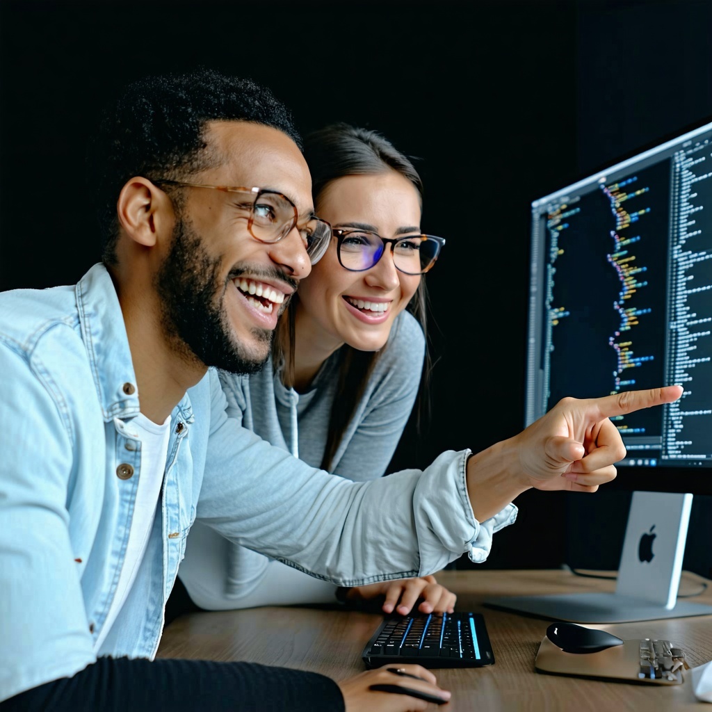 A developer reviewing code with another team member smiling or pointing at screen-1